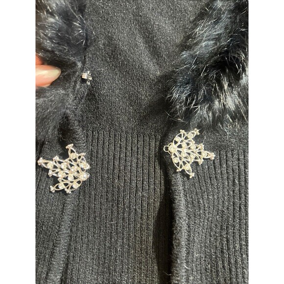 Vintage 90s Y2K Black Rabbit Fur Collar Ribbed Knit Cardigan Sweater Zip-Up Sz L - Picture 3 of 10